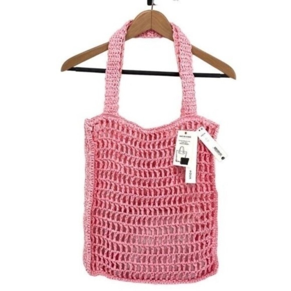Aqua Crochet Tote Bag With Matching Pouch in Pink New